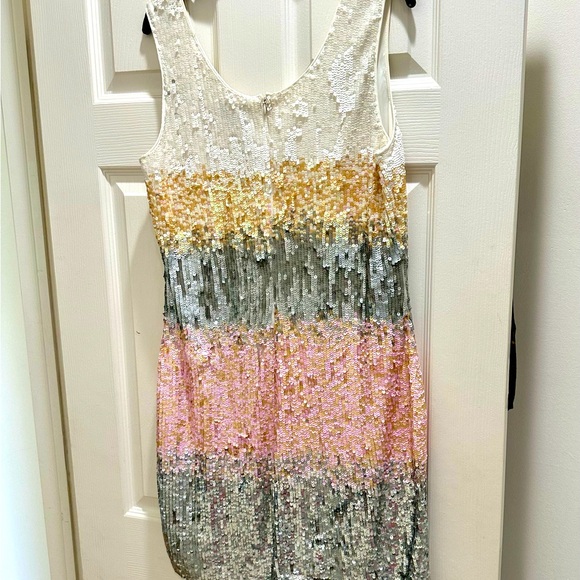 BADGLEY MISCHKA by Belle Silver, Pink, White and Hold Sequined Mini Dress. Sz14 - Picture 2 of 5